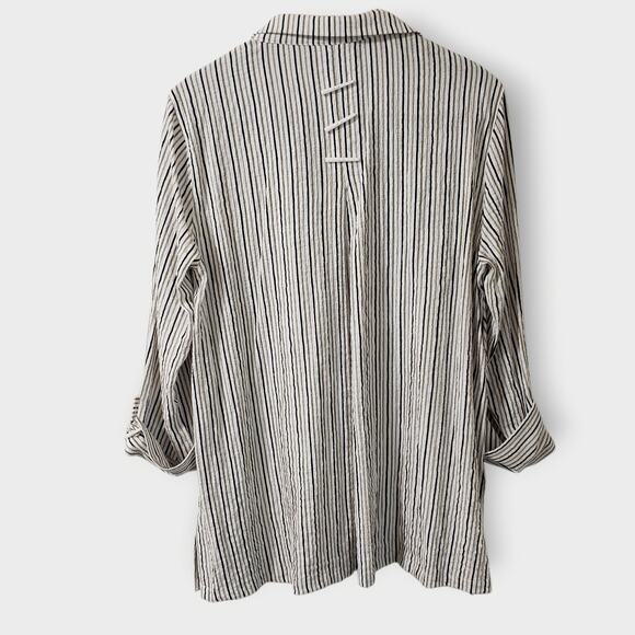 Ali Miles Size Medium Tan Black Stripe Button Front Tunic Top Lagenlook Artsy - Picture 4 of 13